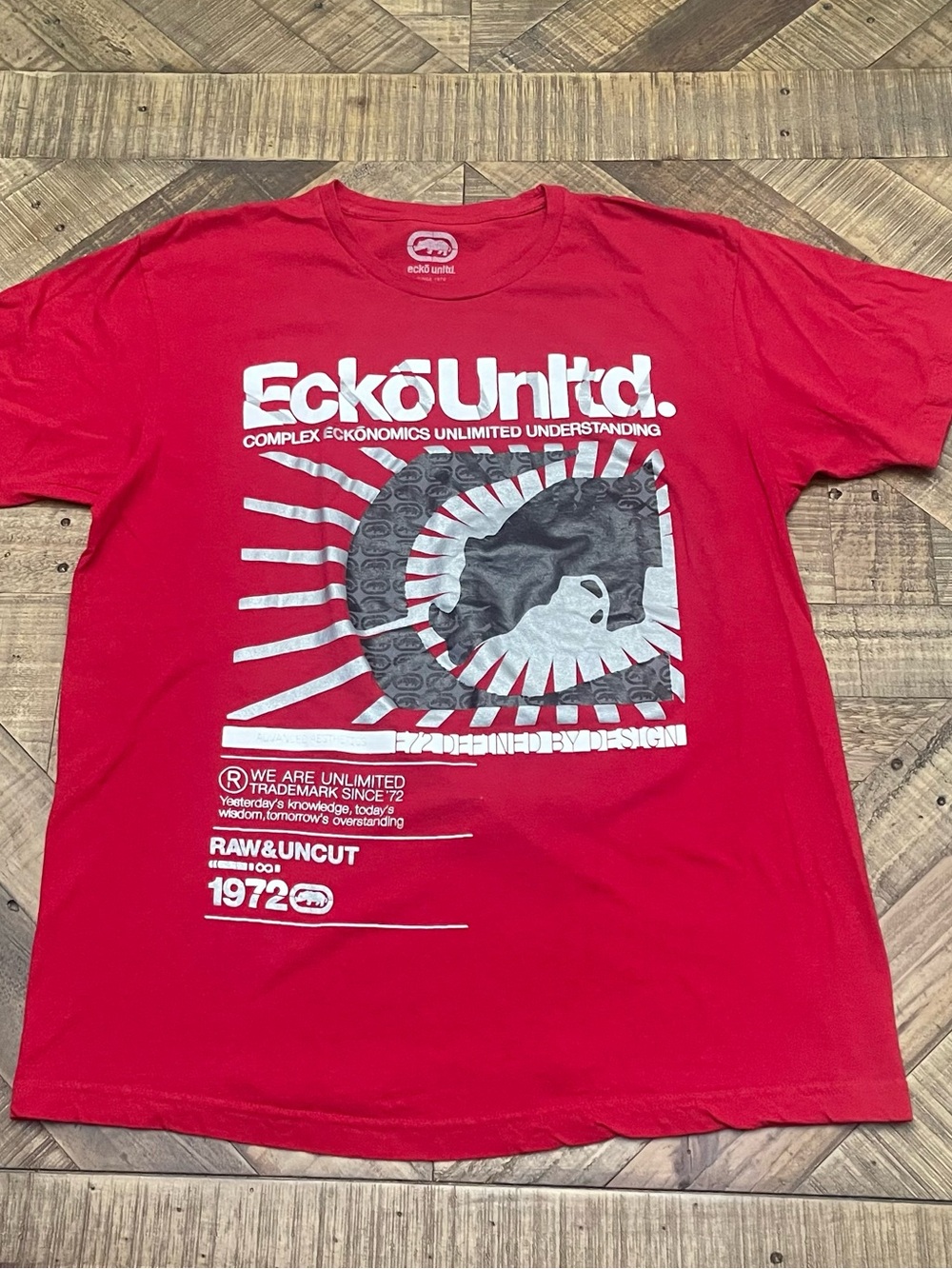 vintage-style red Ecko Unltd streetwear graphic t-shirt